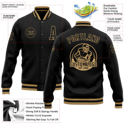 Custom Black Black-Old Gold Bomber Full-Snap Varsity Letterman Jacket