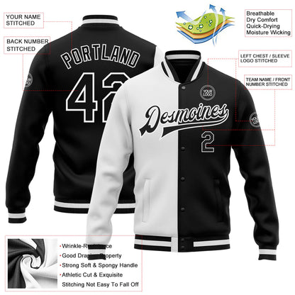 Custom White Black Bomber Full-Snap Varsity Letterman Split Fashion Jacket