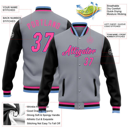 Custom Gray Pink Black-Light Blue Bomber Full-Snap Varsity Letterman Two Tone Jacket