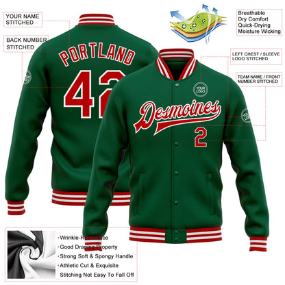 Custom Kelly Green Red-White Bomber Full-Snap Varsity Letterman Jacket