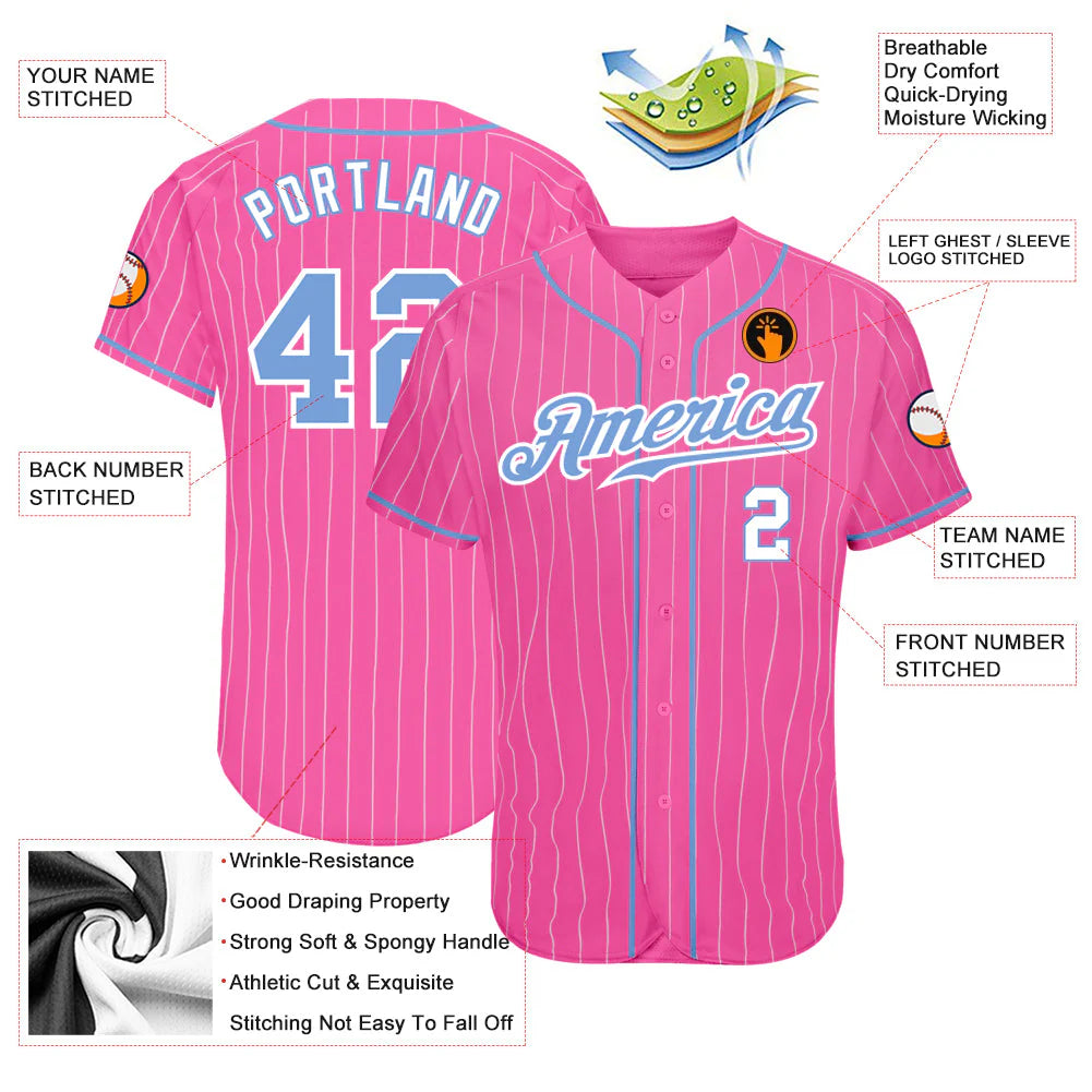 Custom Pink White Pinstripe Light Blue-White Authentic Baseball Jersey