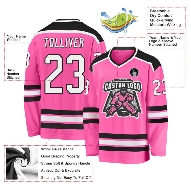 Custom Pink White-Black Hockey Jersey