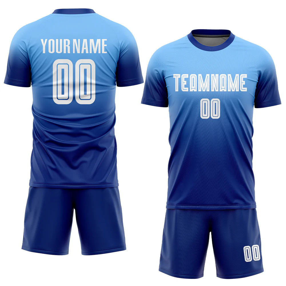 Custom Light Blue White-Royal Sublimation Fade Fashion Soccer Uniform Jersey