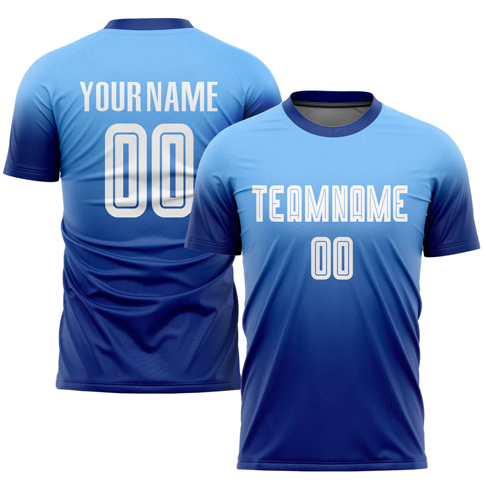 Custom Light Blue White-Royal Sublimation Fade Fashion Soccer Uniform Jersey