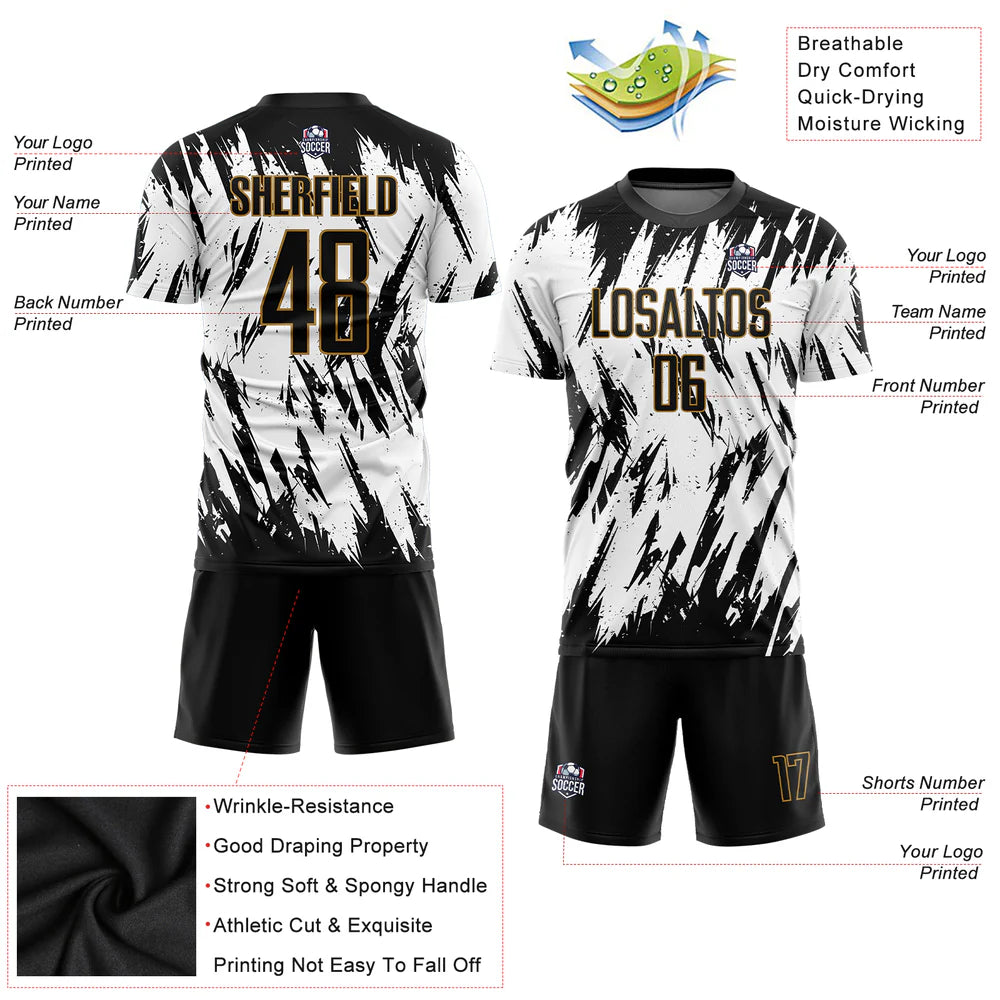 Custom White Black-Old Gold Sublimation Soccer Uniform Jersey