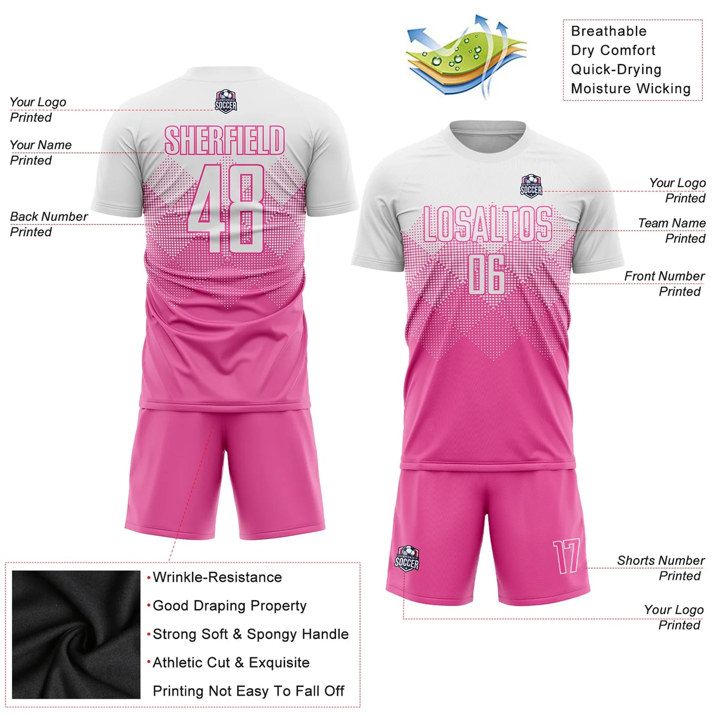 Custom Pink White Sublimation Soccer Uniform Jersey