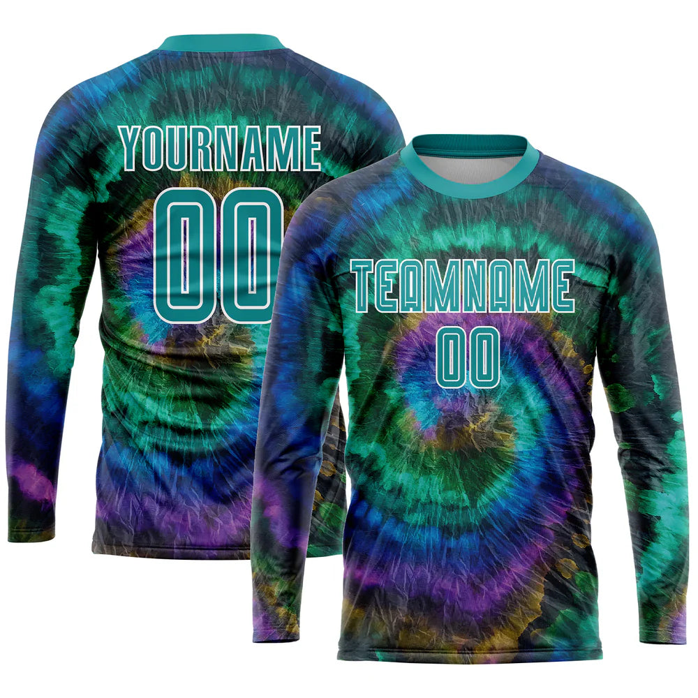 Custom Tie Dye Teal-White Sublimation Soccer Uniform Jersey