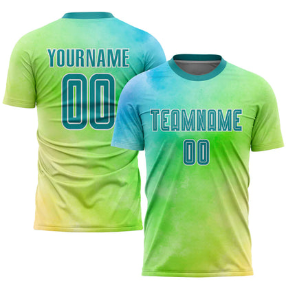 Custom Tie Dye Teal-White Sublimation Soccer Uniform Jersey