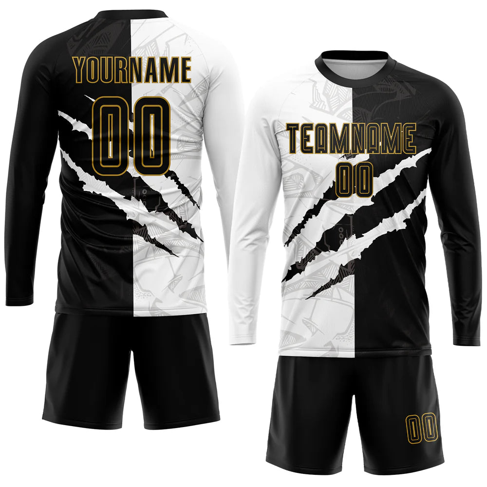 Custom Graffiti Pattern Black-Old Gold Sublimation Soccer Uniform Jersey