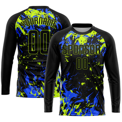 Custom Black Black Neon Green-Royal Sublimation Soccer Uniform Jersey