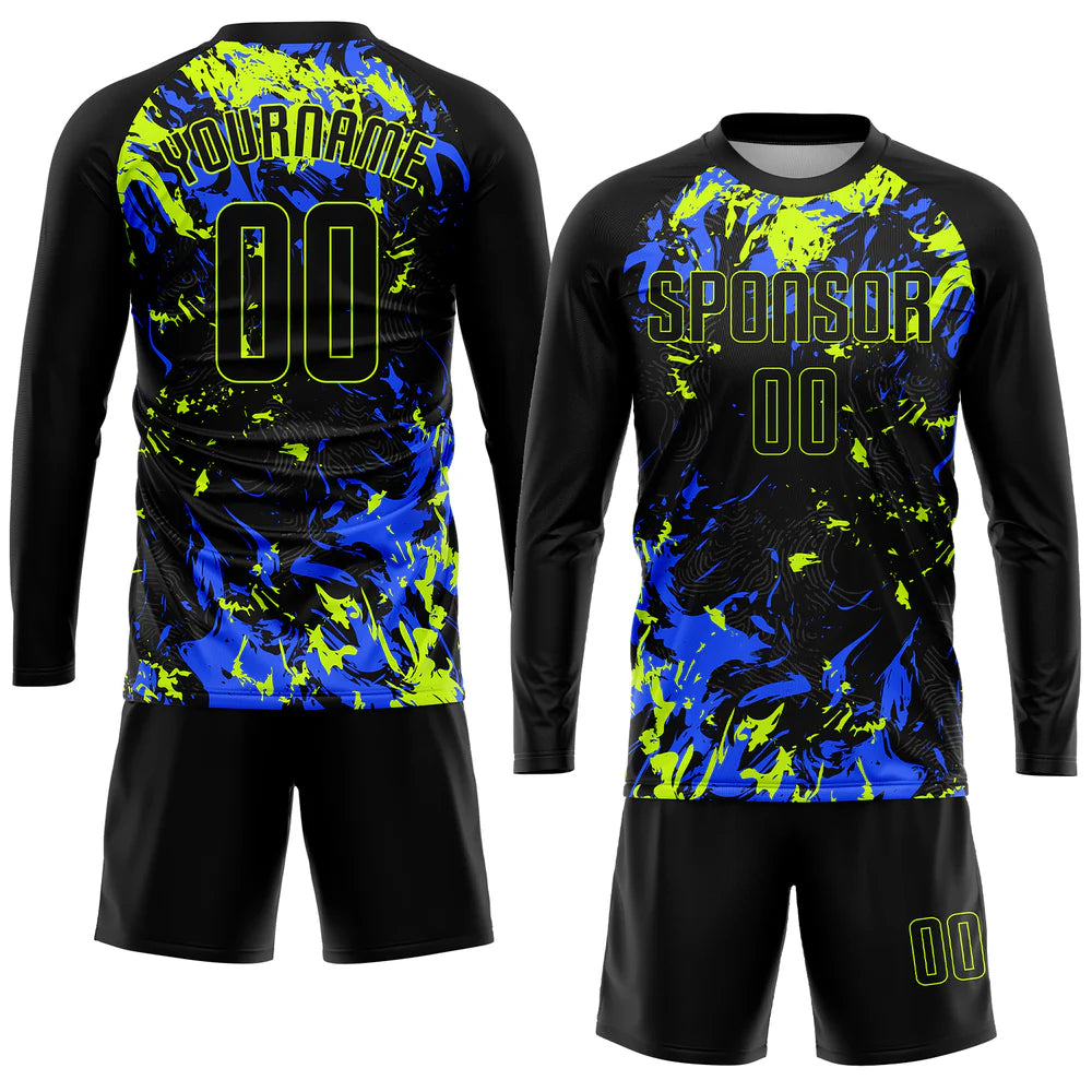 Custom Black Black Neon Green-Royal Sublimation Soccer Uniform Jersey