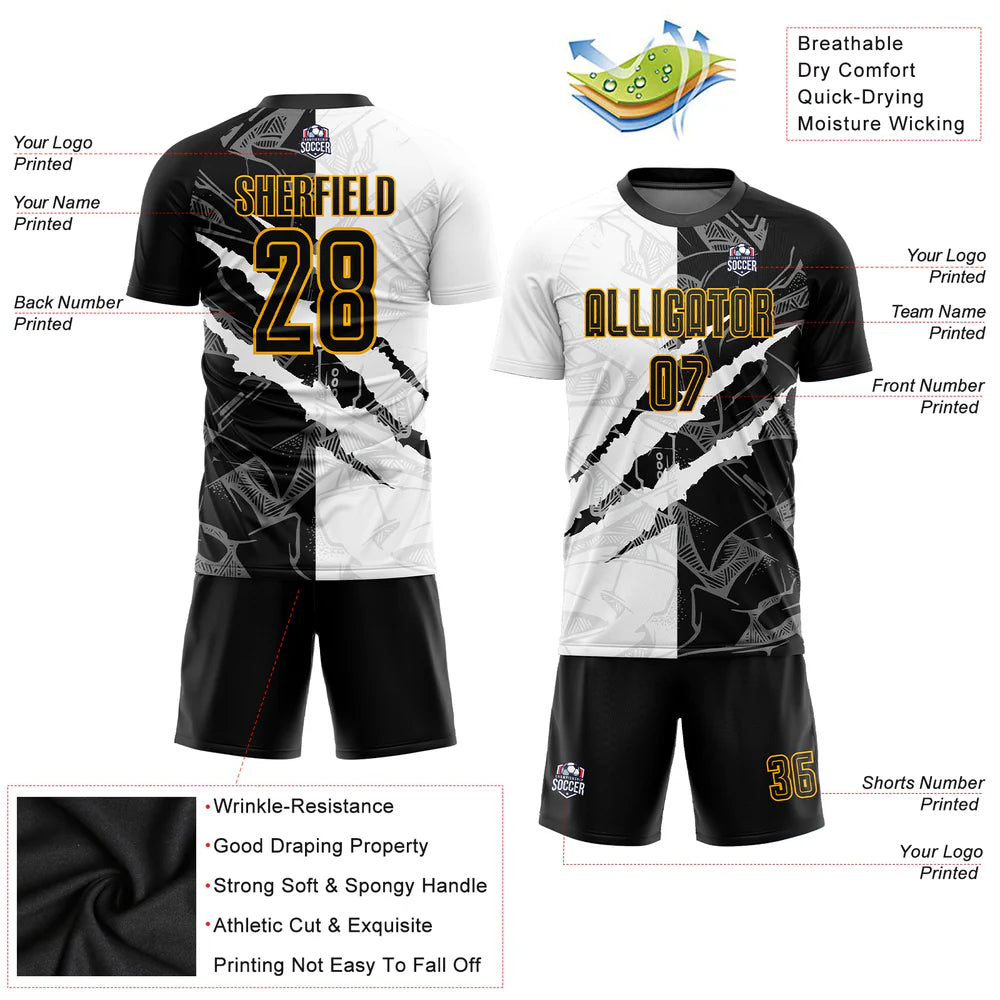 Custom Graffiti Pattern Black-Gold Scratch Sublimation Soccer Uniform Jersey