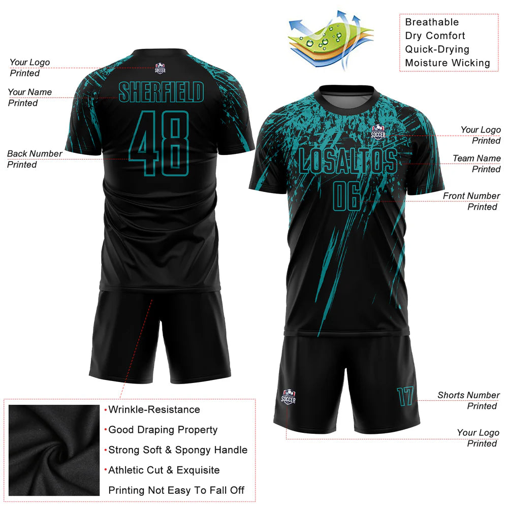 Custom Black Teal Sublimation Soccer Uniform Jersey