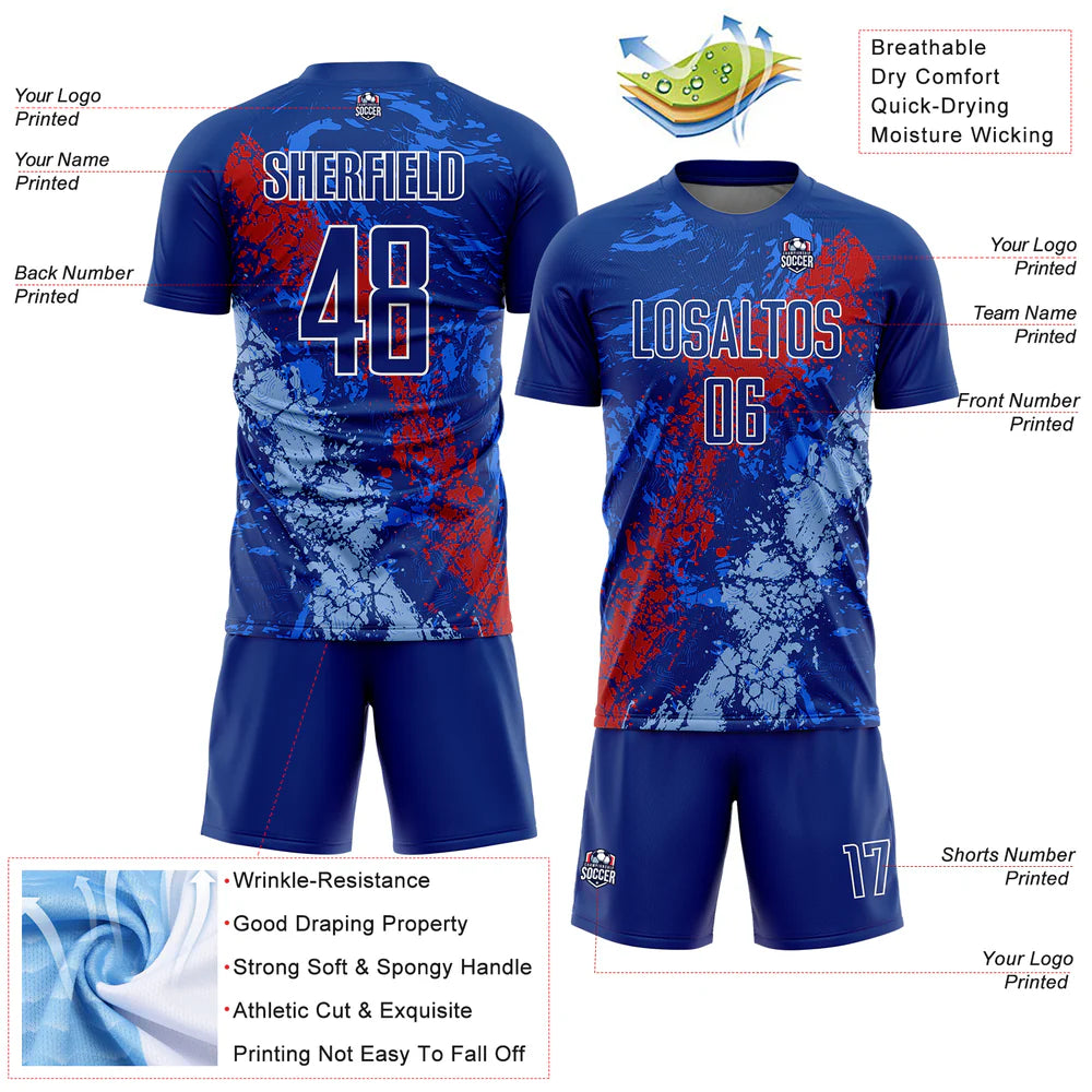 Custom Royal Red-Light Blue Dripping Splatter Art Sublimation Soccer Uniform Jersey