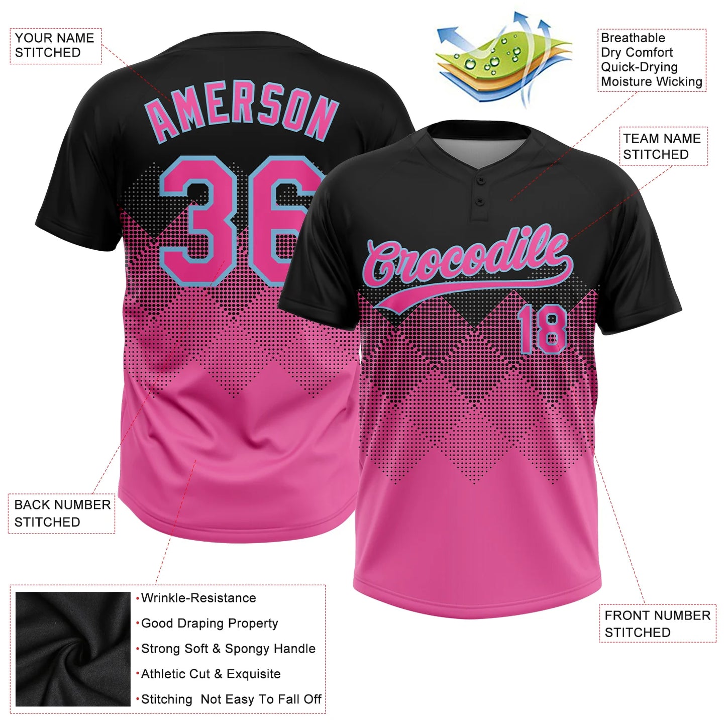 Custom Black Pink-Light Blue 3D Pattern Two-Button Unisex Softball Jersey