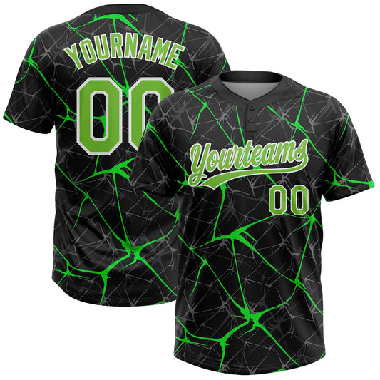 Custom Black Neon Green-Kelly Green 3D Pattern Two-Button Unisex Softball Jersey