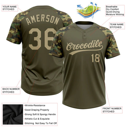 Custom Olive Vegas Gold-Camo 3D Pattern Salute To Service Two-Button Unisex Softball Jersey