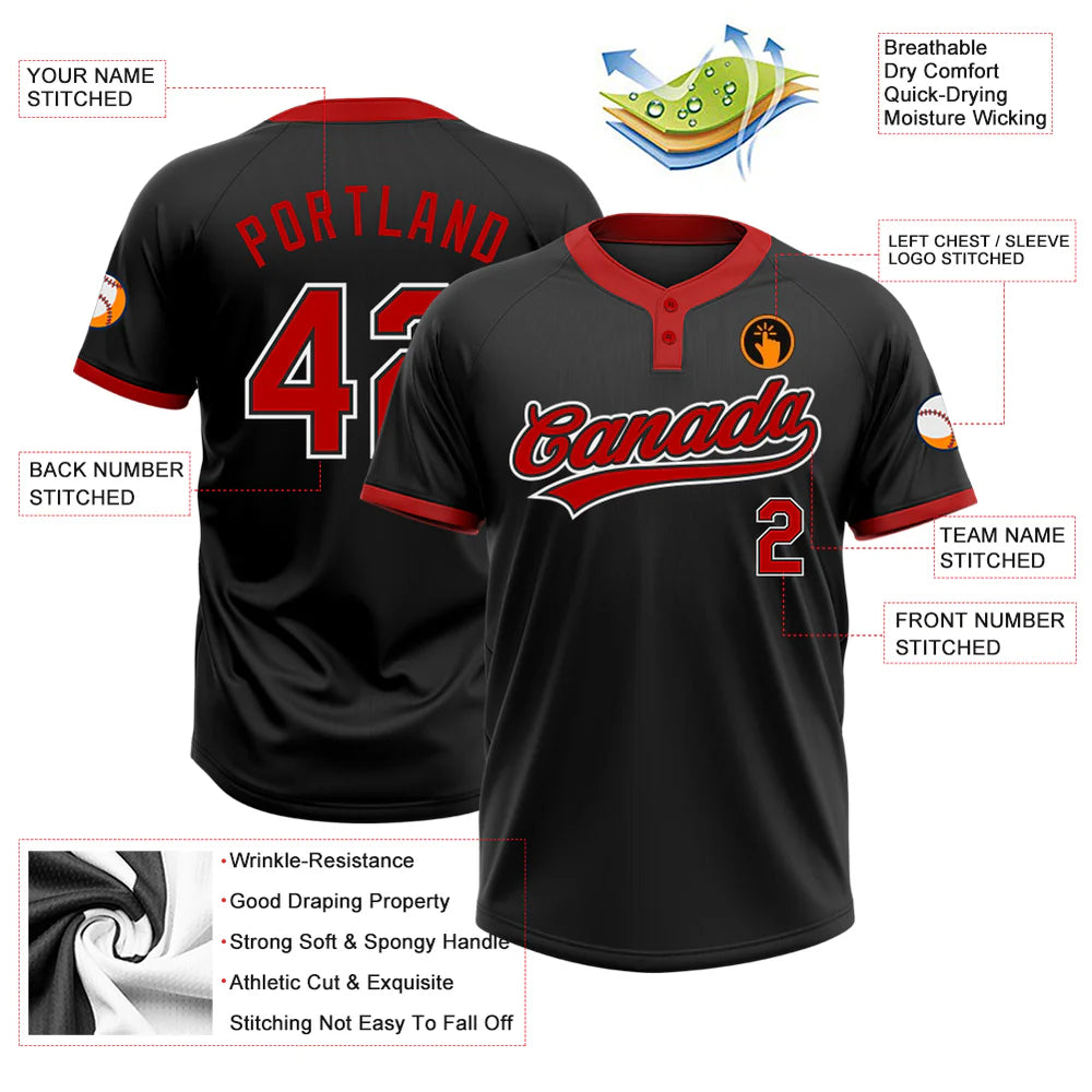 Custom Black Red-White Two-Button Unisex Softball Jersey