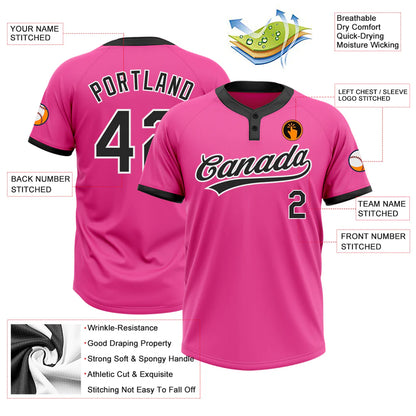 Custom Pink Black-White Two-Button Unisex Softball Jersey