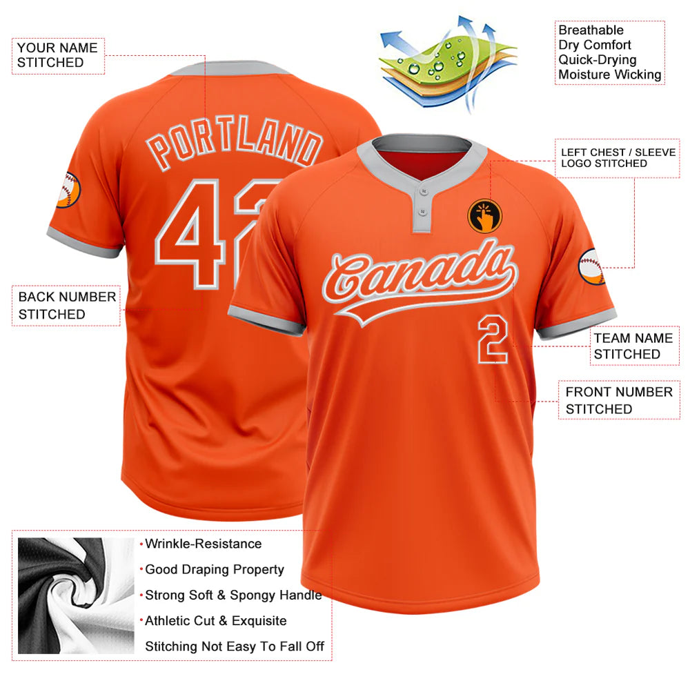 Custom Orange Orange-Gray Two-Button Unisex Softball Jersey