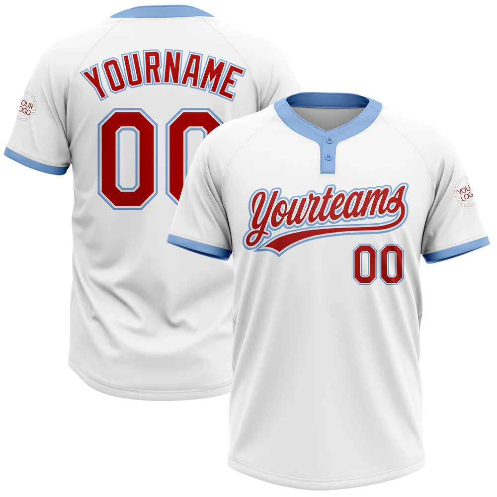 Custom White Red-Light Blue Two-Button Unisex Softball Jersey