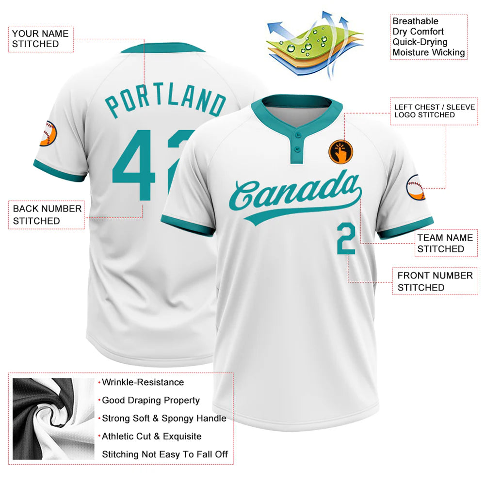 Custom White Teal Two-Button Unisex Softball Jersey