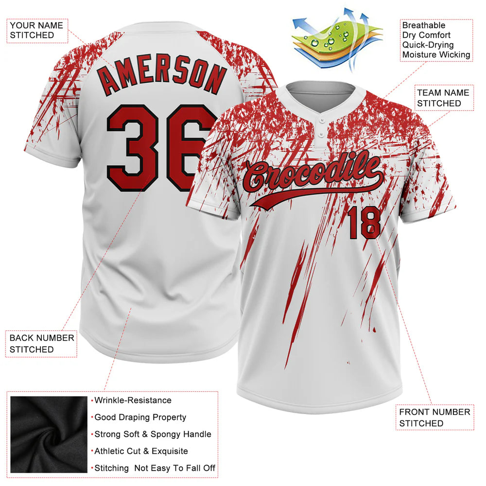 Custom White Red-Black 3D Pattern Two-Button Unisex Softball Jersey