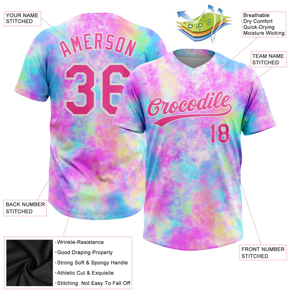 Custom Tie Dye Pink-White 3D Watercolor Gradient Two-Button Unisex Softball Jersey