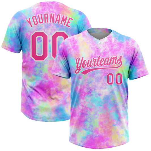 Custom Tie Dye Pink-White 3D Watercolor Gradient Two-Button Unisex Softball Jersey