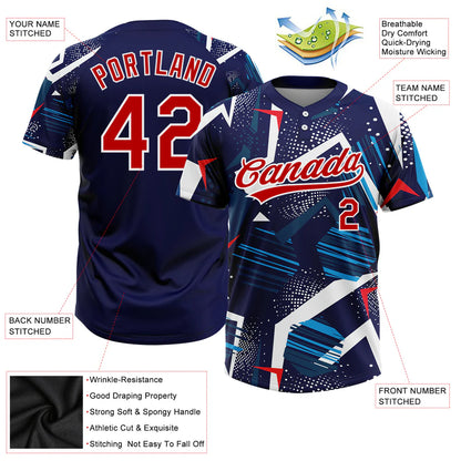 Custom Navy Red-White 3D Pattern Two-Button Unisex Softball Jersey