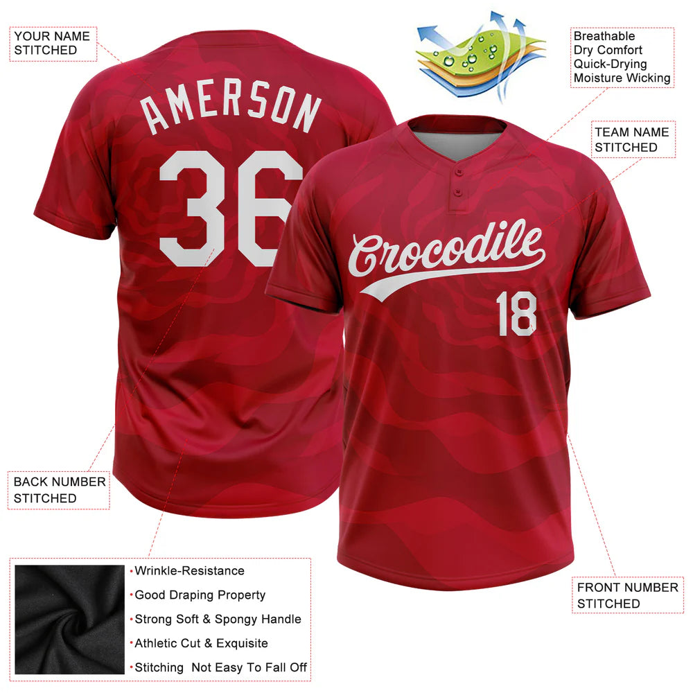 Custom Red White 3D Pattern Two-Button Unisex Softball Jersey