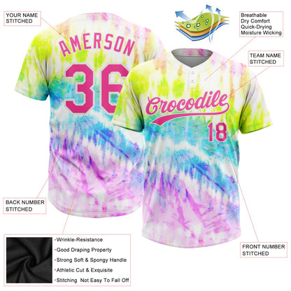 Custom Tie Dye Pink-Purple 3D Rainbow Two-Button Unisex Softball Jersey