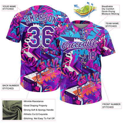 Custom Graffiti Pattern Purple-White 3D Bright Psychedelic Two-Button Unisex Softball Jersey