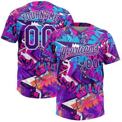 Custom Graffiti Pattern Purple-White 3D Bright Psychedelic Two-Button Unisex Softball Jersey