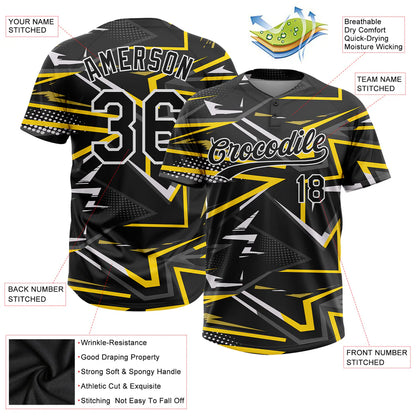 Custom Black Black-Gold 3D Pattern Two-Button Unisex Softball Jersey