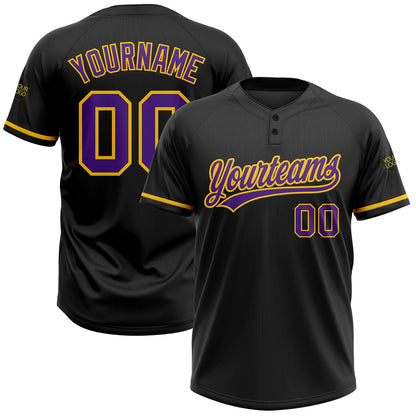 Custom Black Purple-Yellow Two-Button Unisex Softball Jersey