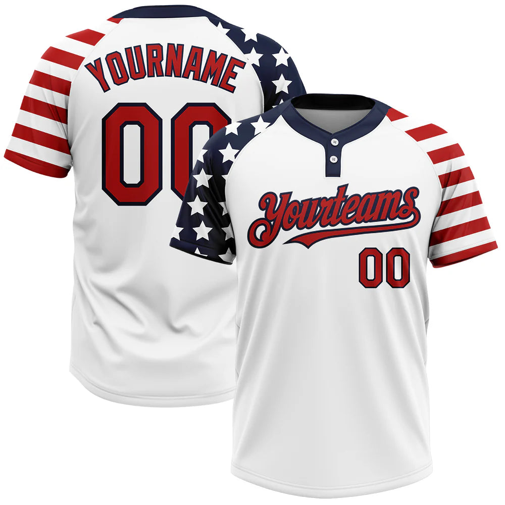 Custom White Red-Navy 3D American Flag Fashion Two-Button Unisex Softball Jersey