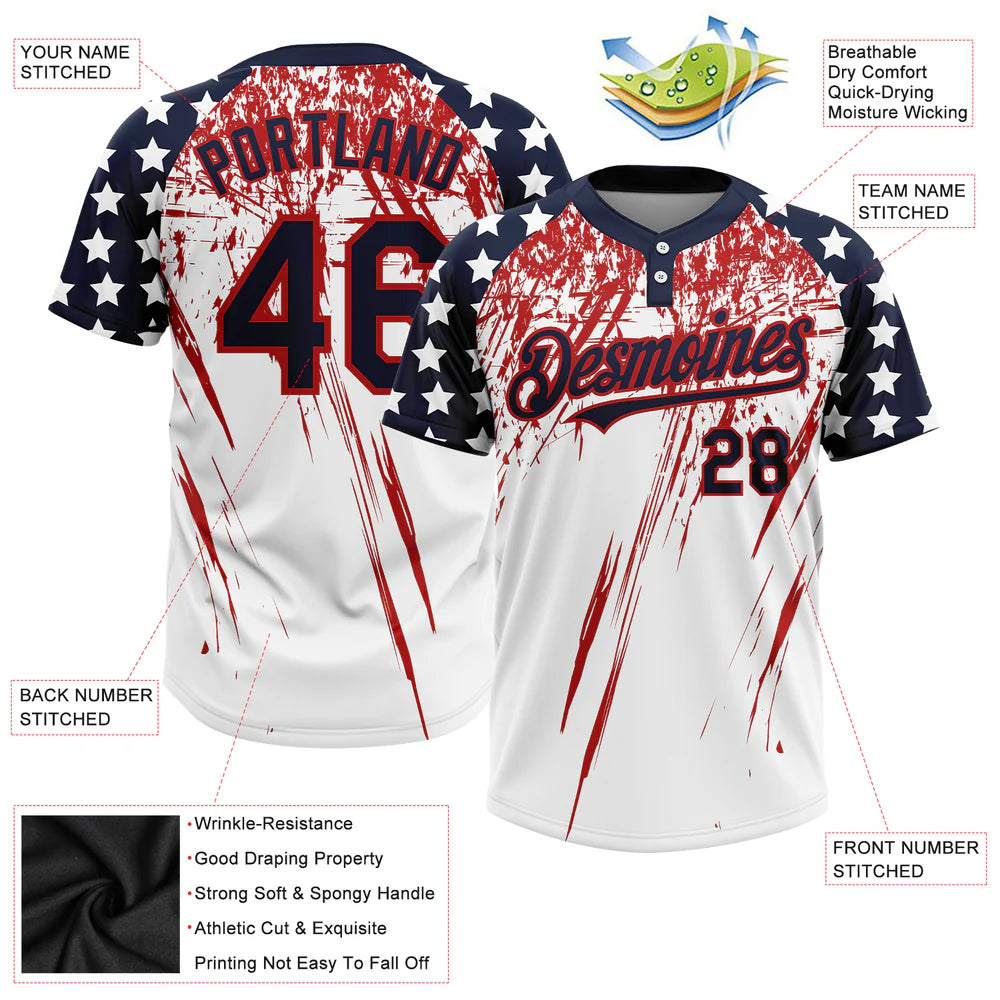 Custom White Navy-Red 3D American Flag Fashion Two-Button Unisex Softball Jersey