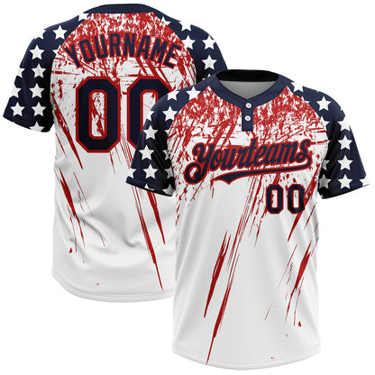 Custom White Navy-Red 3D American Flag Fashion Two-Button Unisex Softball Jersey