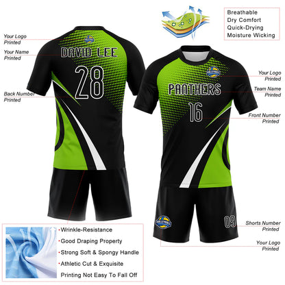 Custom Black Neon Green-White Lines And Dots Sublimation Volleyball Uniform Jersey