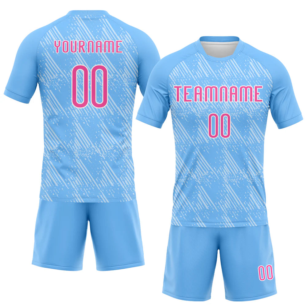 Custom Powder Blue Pink-White Lines Splatter Art Sublimation Volleyball Uniform Jersey