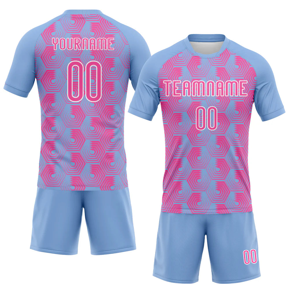 Custom Light Blue Pink-White Geometric Shape Sublimation Volleyball Uniform Jersey