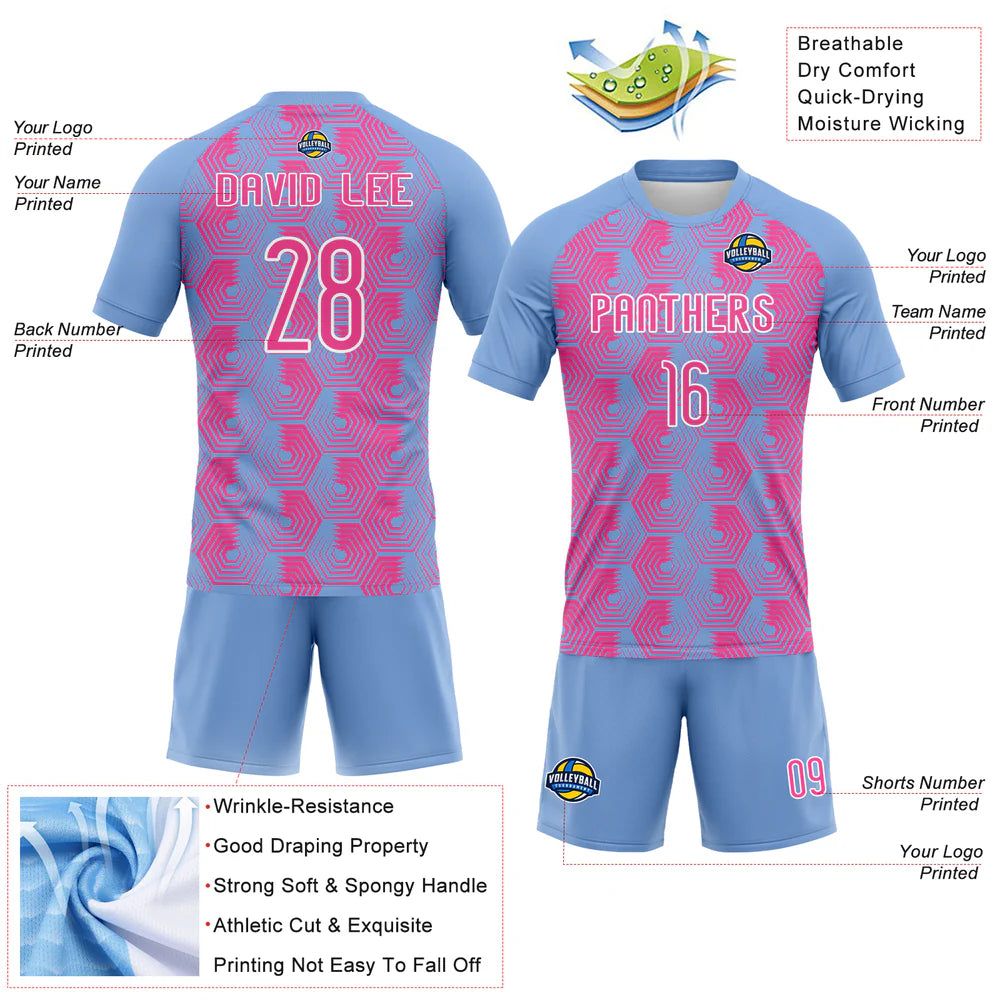 Custom Light Blue Pink-White Geometric Shape Sublimation Volleyball Uniform Jersey