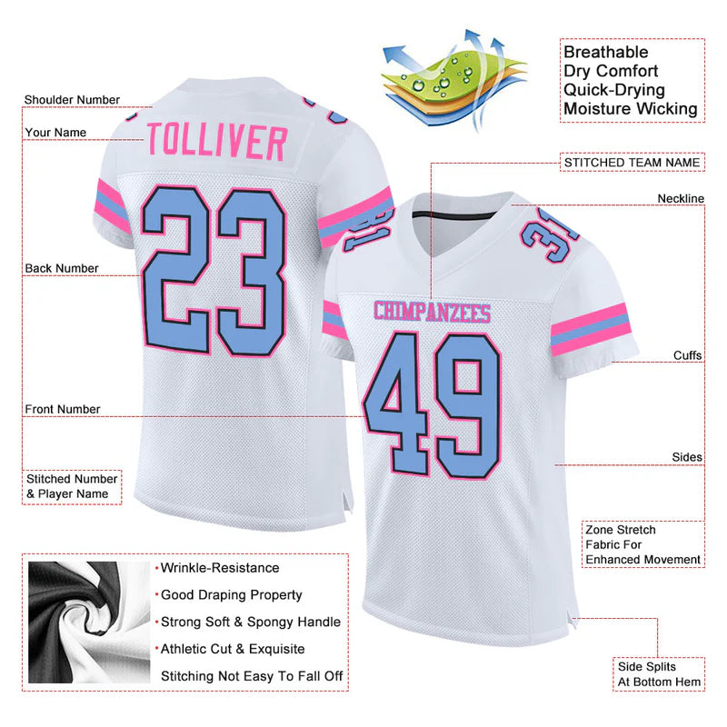 Custom White Light Blue-Pink Mesh Authentic Football Jersey