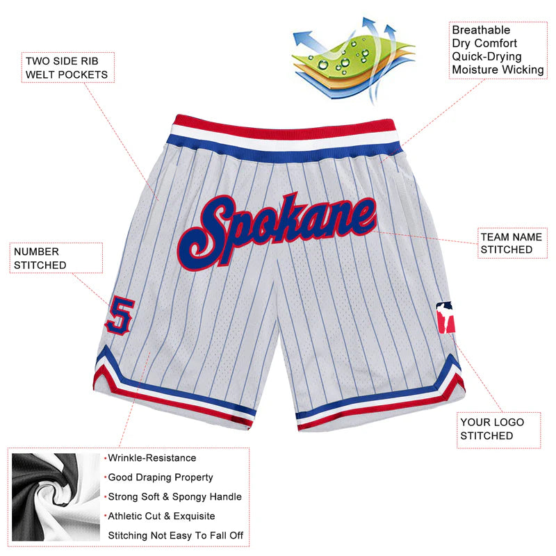 Custom White Royal Pinstripe Royal-Red Authentic Basketball Shorts