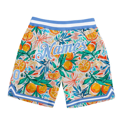 Custom White Light Blue-White 3D Pattern Design Oranges Authentic Basketball Shorts