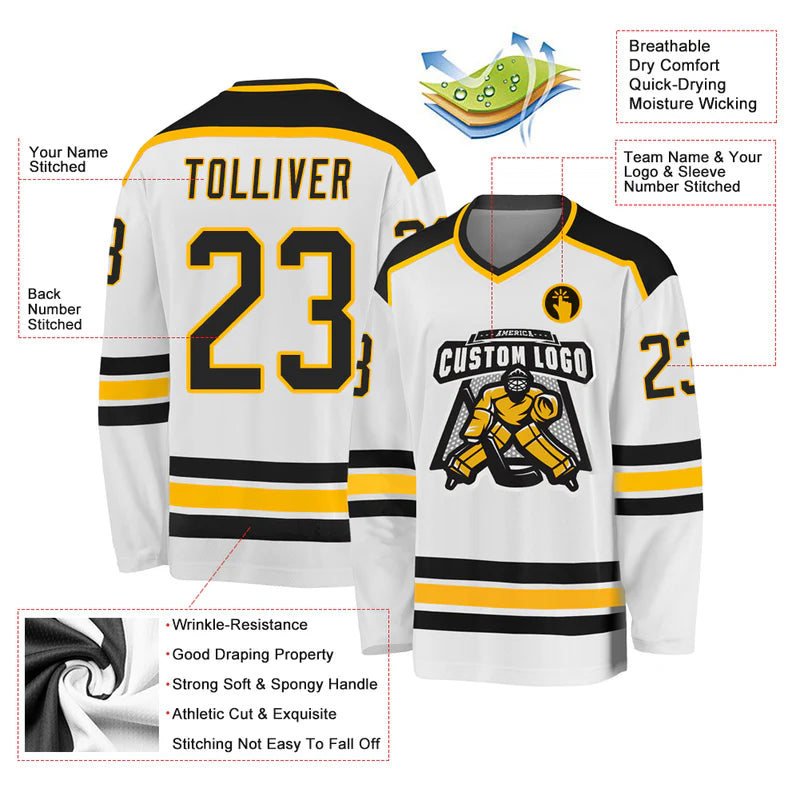 Custom White Black-Gold Hockey Jersey