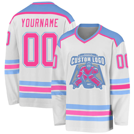 Custom White Pink-Light Blue Hockey Jersey