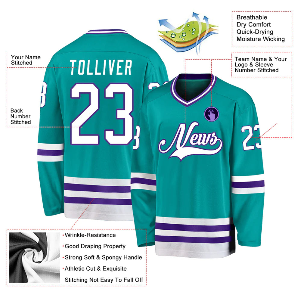 Customizable Aqua White-Purple Hockey Jersey for Men, Women