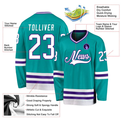 Customizable Aqua White-Purple Hockey Jersey for Men, Women